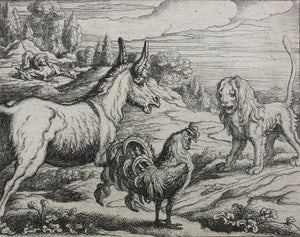 Francis Barlow. XLVI. The Lion, Ass, and Cock. From Aesop's Fables. Etching. 1666.