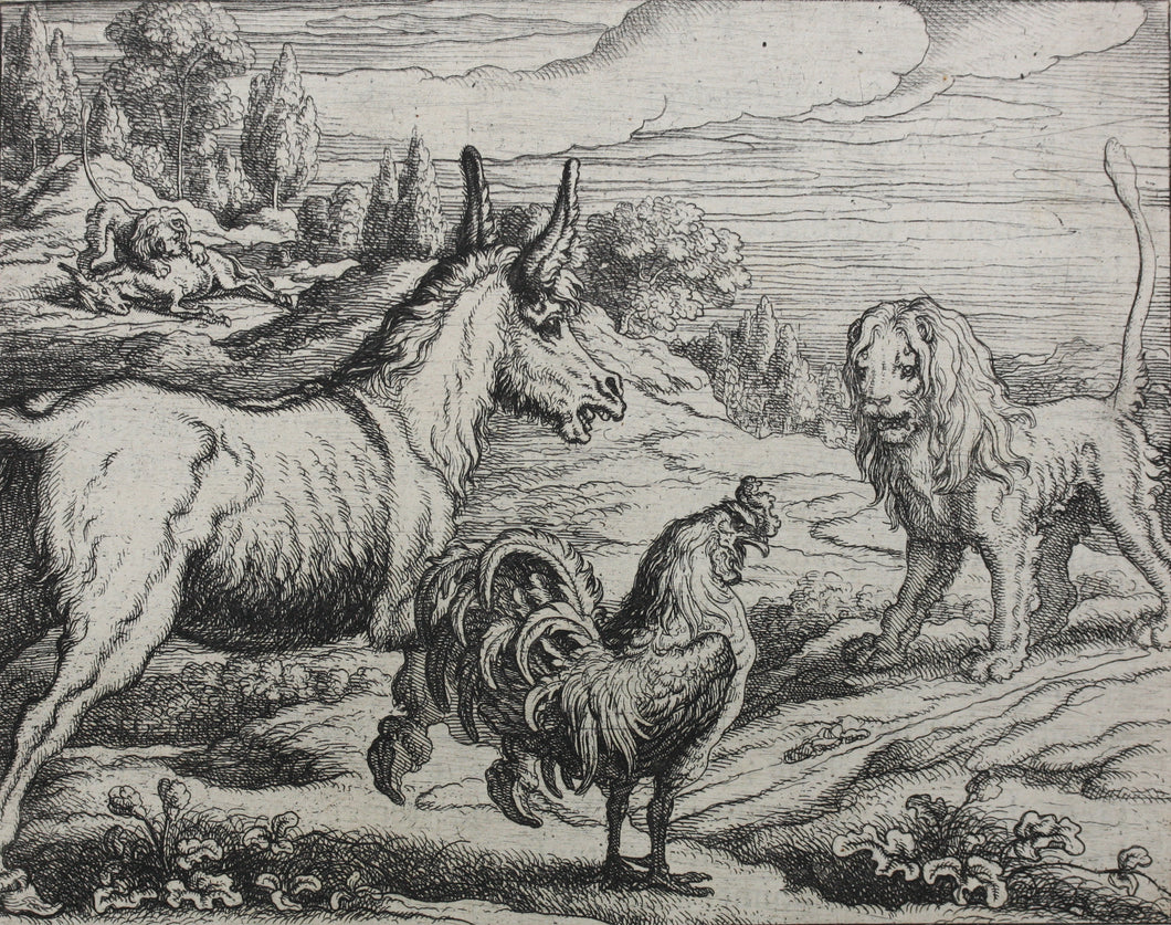 Francis Barlow. XLVI. The Lion, Ass, and Cock. From Aesop's Fables. Etching. 1666.