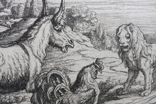 Load image into Gallery viewer, Francis Barlow. XLVI. The Lion, Ass, and Cock. From Aesop&#39;s Fables. Etching. 1666.
