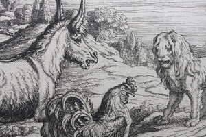Francis Barlow. XLVI. The Lion, Ass, and Cock. From Aesop's Fables. Etching. 1666.