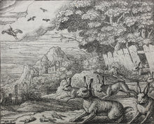 Load image into Gallery viewer, Francis Barlow. XLI. The Hares and Storm. From Aesop&#39;s Fables. Etching. 1666.
