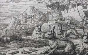 Francis Barlow. XLI. The Hares and Storm. From Aesop's Fables. Etching. 1666.