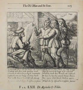 Francis Barlow. LXII. The Old Man and his Sons. From Aesop's Fables. Etching. 1666.