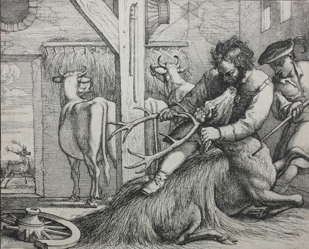 Francis Barlow. CVII. The Stag in the Oxtall. From Aesop's Fables. Etching. 1666.