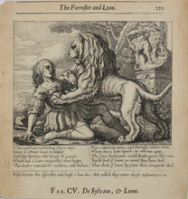 Load image into Gallery viewer, Francis Barlow. CV. The Forrester and Lion. From Aesop&#39;s Fables. Etching. 1666.

