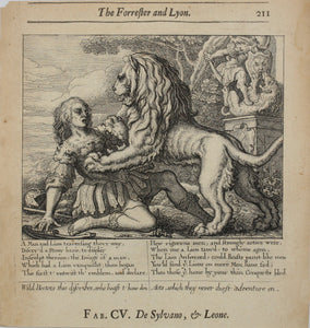 Francis Barlow. CV. The Forrester and Lion. From Aesop's Fables. Etching. 1666.