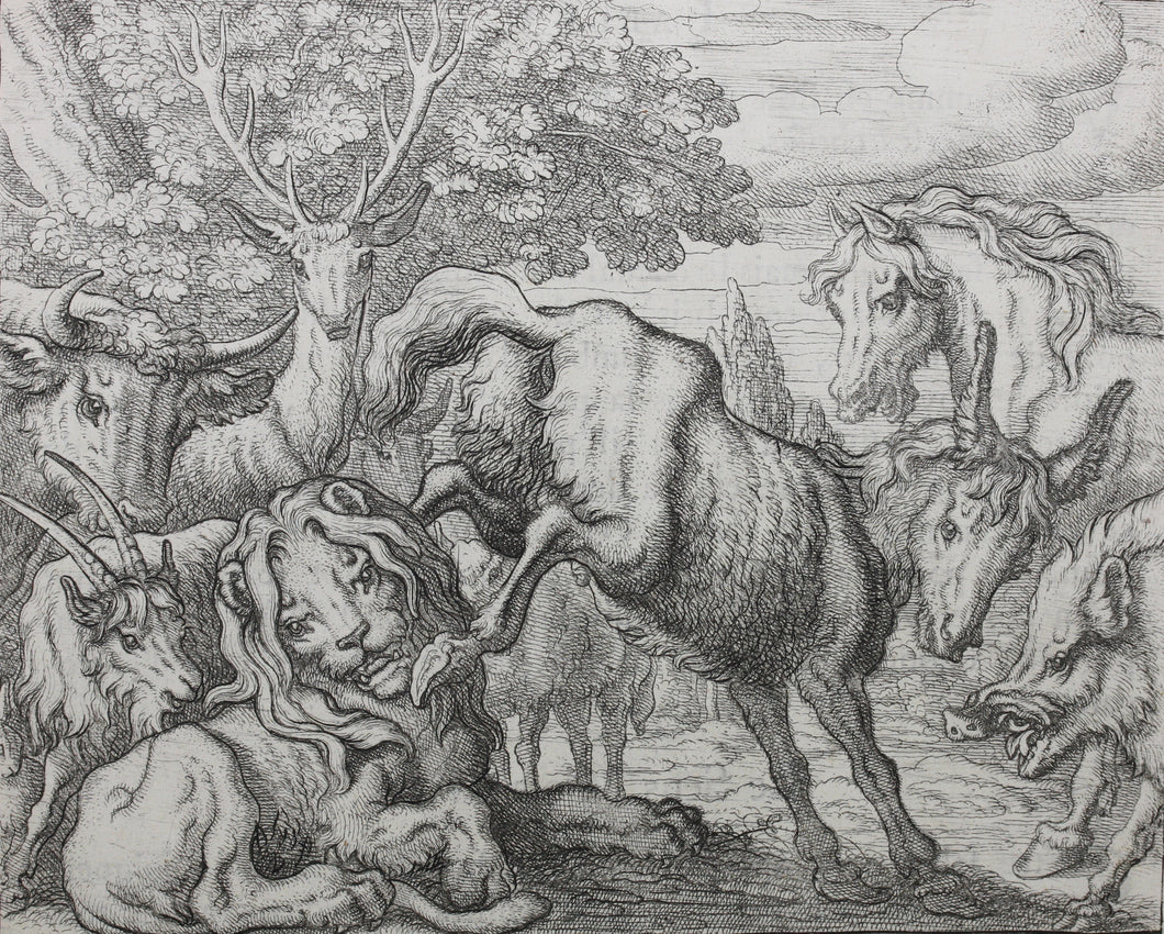 Francis Barlow. XCIX. The Old Lion. From Aesop's Fables. Etching. 1666.