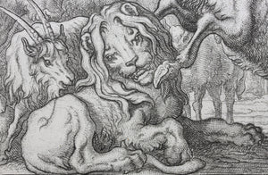 Francis Barlow. XCIX. The Old Lion. From Aesop's Fables. Etching. 1666.