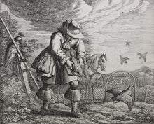 Load image into Gallery viewer, Francis Barlow. XC. The Fowler and Partridge. From Aesop&#39;s Fables. Etching. 1666.
