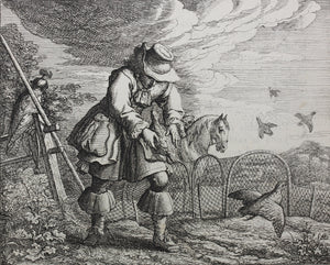 Francis Barlow. XC. The Fowler and Partridge. From Aesop's Fables. Etching. 1666.