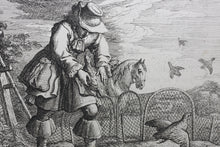 Load image into Gallery viewer, Francis Barlow. XC. The Fowler and Partridge. From Aesop&#39;s Fables. Etching. 1666.
