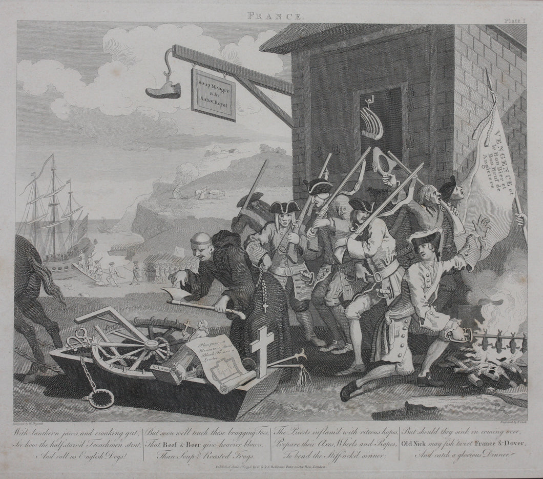 William Hogarth, after. The Invasion, or France and England. Set of two engravings by T. Cook. 1798.