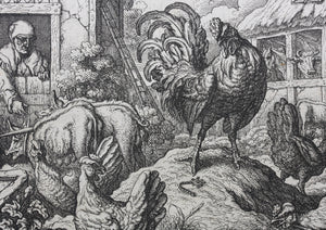 Francis Barlow. I. The Cock and The Jewel. From Aesop's Fables. Etching. 1666.