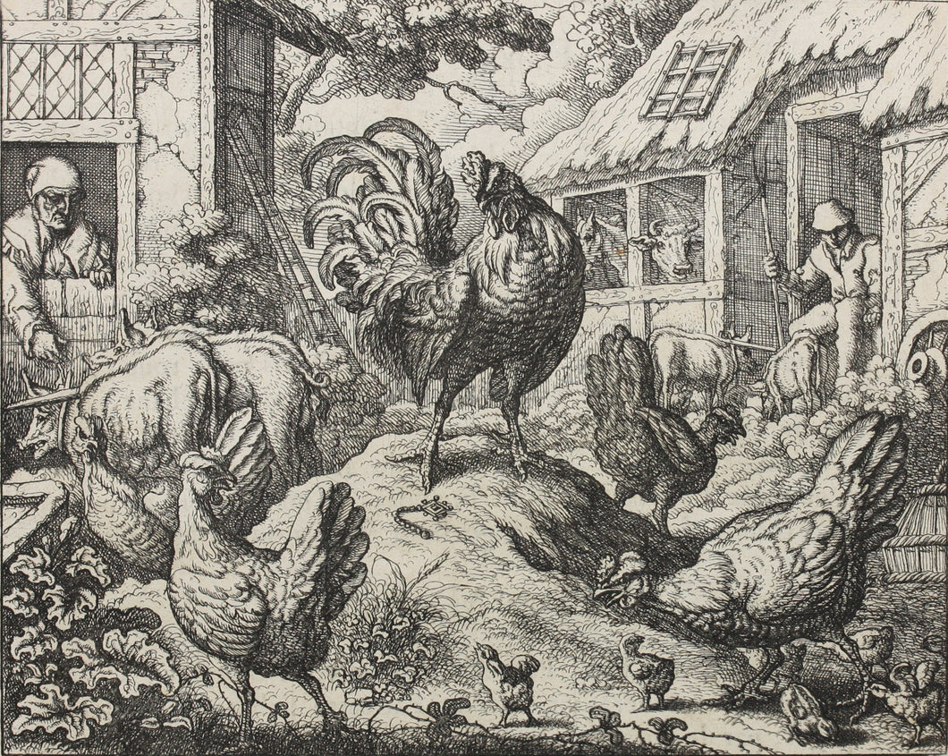 Francis Barlow. I. The Cock and The Jewel. From Aesop's Fables. Etching. 1666.