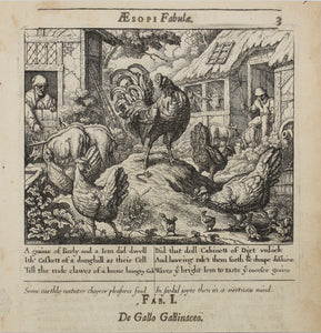 Francis Barlow. I. The Cock and The Jewel. From Aesop's Fables. Etching. 1666.