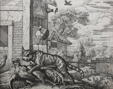 Load image into Gallery viewer, Francis Barlow. LVII. The Cat and Cock. From Aesop&#39;s Fables. Etching. 1666.
