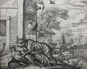 Francis Barlow. LVII. The Cat and Cock. From Aesop's Fables. Etching. 1666.