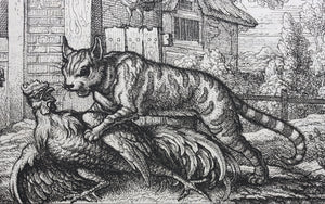 Francis Barlow. LVII. The Cat and Cock. From Aesop's Fables. Etching. 1666.