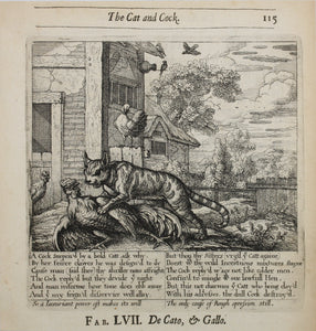 Francis Barlow. LVII. The Cat and Cock. From Aesop's Fables. Etching. 1666.