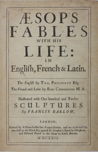 Francis Barlow. Printed title page and three more pages from Aesop's Fables. Letterpress. 1666.