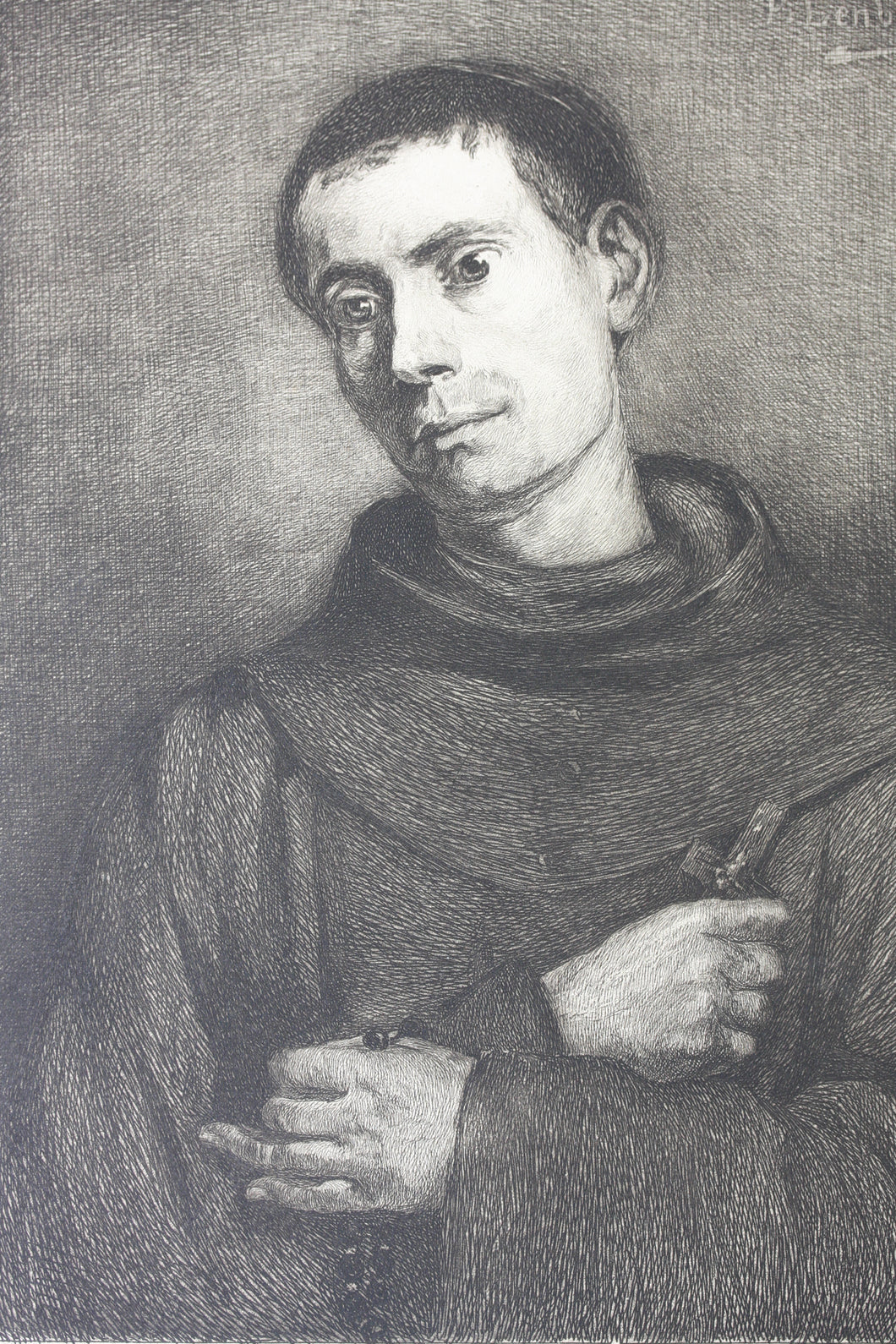 Franz von Lenbach, after. Portrait of a Franciscan monk.  Etching by Wilhelm Hecht. 1880th.