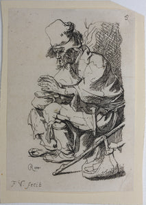 Rembrandt, after. Beggar seated warming his hands at a chafing-dish. Etching by Francis Vivares. 1724-1780.