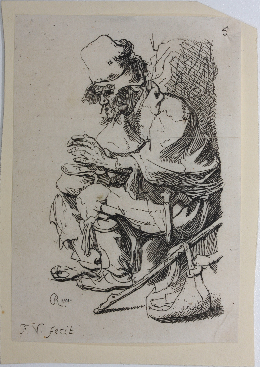 Rembrandt, after. Beggar seated warming his hands at a chafing-dish. Etching by Francis Vivares. 1724-1780.