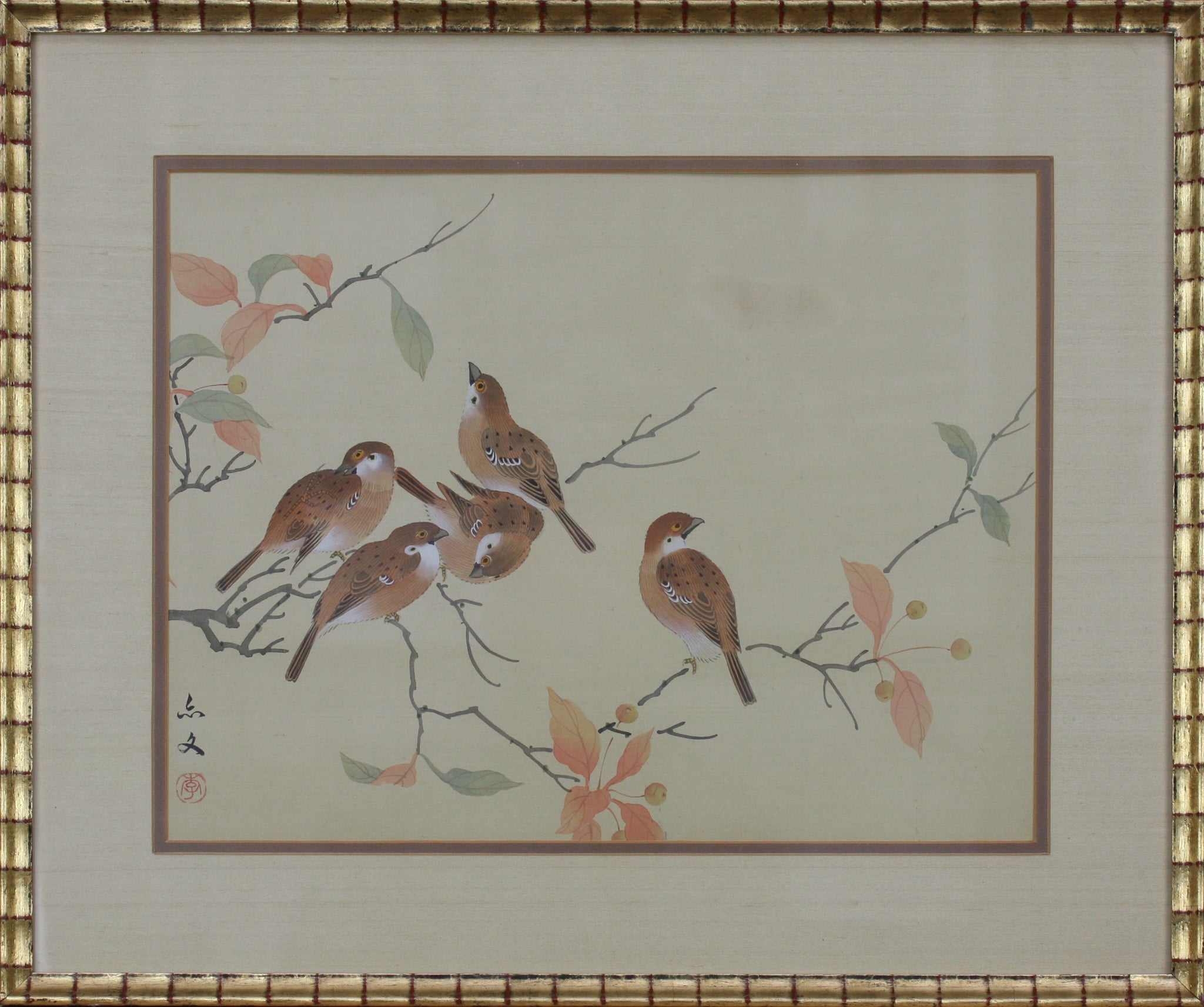 Birds in Yellow Sky. A pair of vintage Chinese woodblock