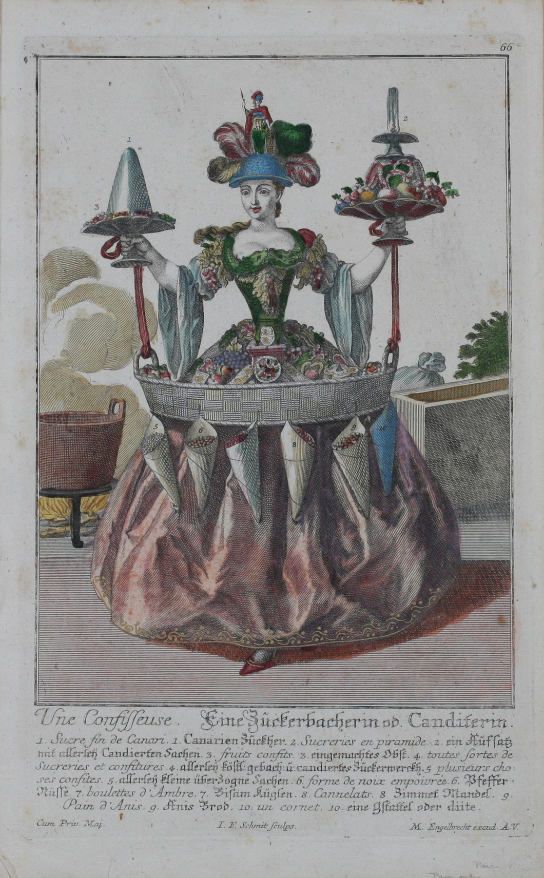 Martin Engelbrecht, after. A Female Sweets peddler. (Une Confisseuse). Engraved by J. F. Schmidt. Hand-colored. 18th c.