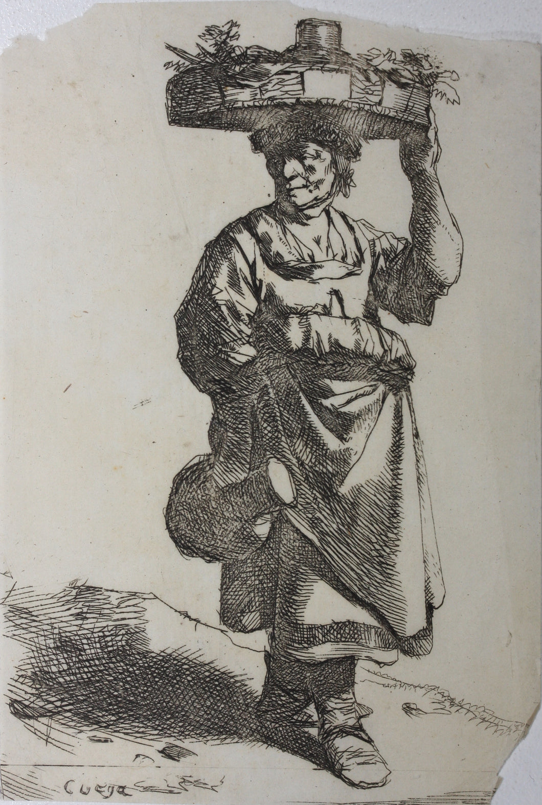 Cornelis Bega. A woman carrying a wide basket on her head. Etching. 1620-1664.