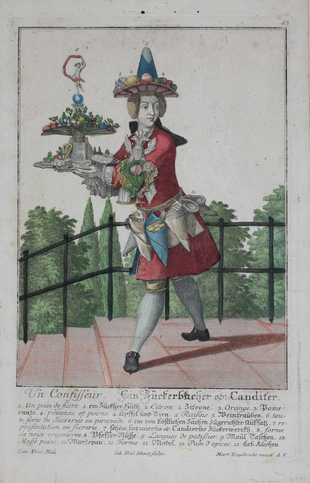 Martin Engelbrecht, after. A male Sweets peddler (Un Confiseur). Engraved by J. F. Schmidt. Hand-colored. 18th c.