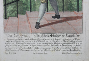 Martin Engelbrecht, after. A male Sweets peddler (Un Confiseur). Engraved by J. F. Schmidt. Hand-colored. 18th c.
