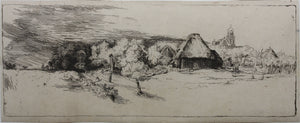 Rembrandt, after. Landscape with Trees, Farm Buildings and a Tower. Etching by Léopold Flameng. c. 1859.