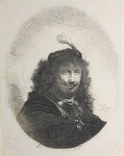 Load image into Gallery viewer, Rembrandt. Self-portrait(?) with plumed cap. Etching. C. 1634.
