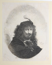 Load image into Gallery viewer, Rembrandt. Self-portrait(?) with plumed cap. Etching. C. 1634.
