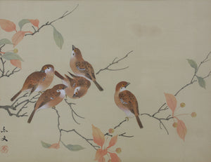 Birds in Yellow Sky. A pair of vintage Chinese woodblock prints. Late 20th c.