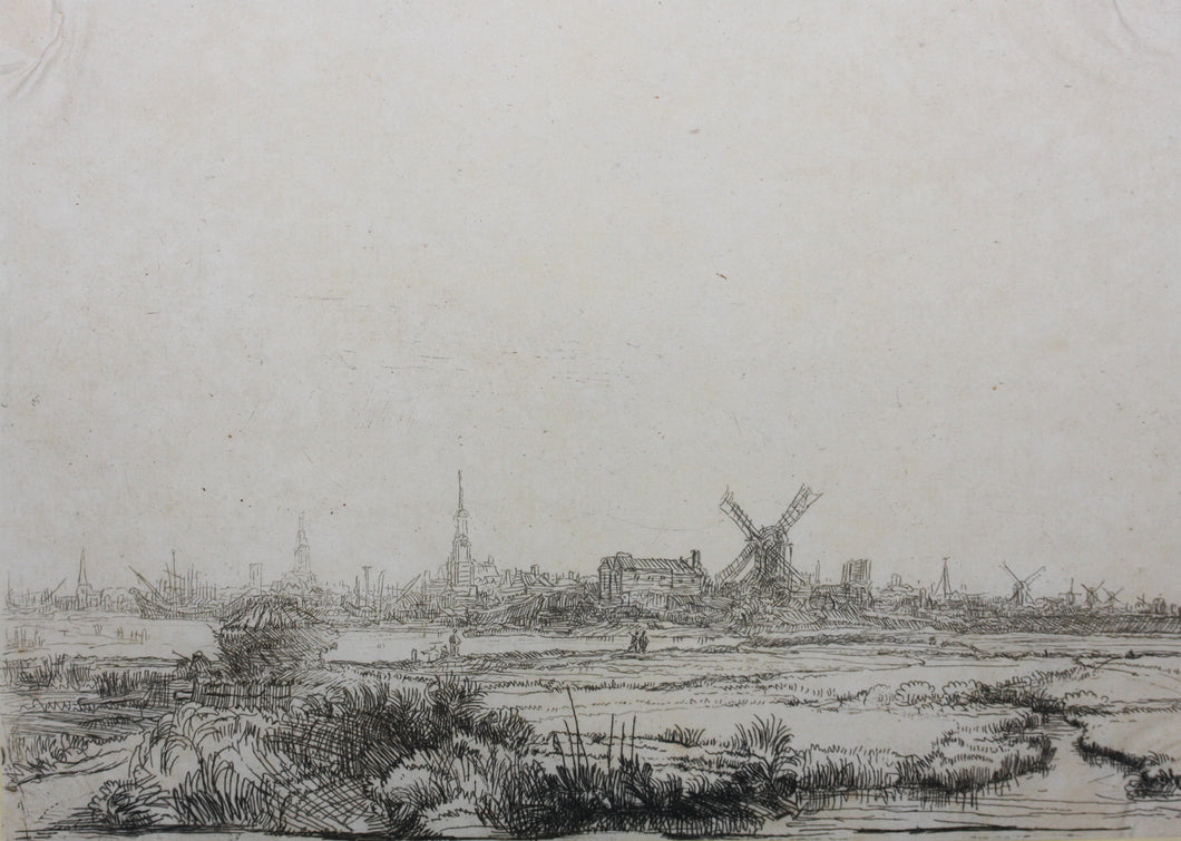 Rembrandt, after. View of Amsterdam from the north-west. Etching. C. 1640.