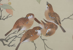 Birds in Yellow Sky. A pair of vintage Chinese woodblock prints. Late 20th c.
