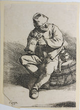 Load image into Gallery viewer, Cornelis Bega. A man sitting on an upturned tub. Etching. 1620-1664.
