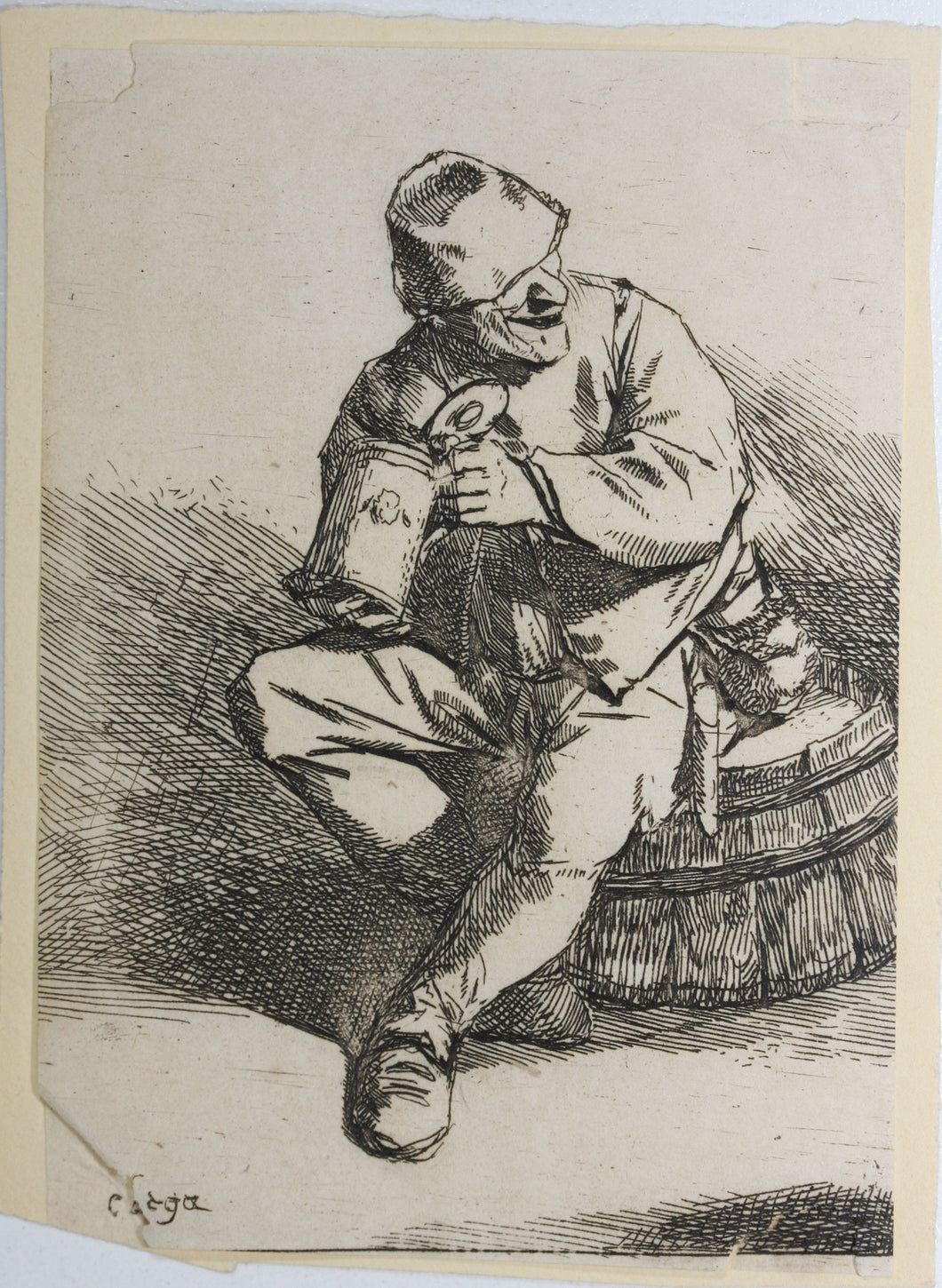 Cornelis Bega. A man sitting on an upturned tub. Etching. 1620-1664.