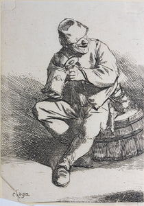 Cornelis Bega. A man sitting on an upturned tub. Etching. 1620-1664.