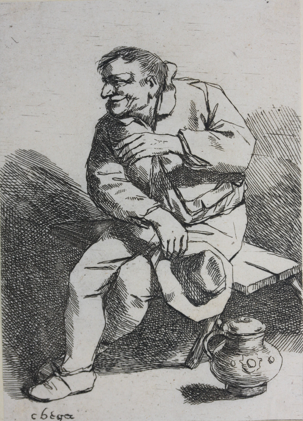 Cornelis Bega. A man sitting on a bench, holding his hat by his side. Etching. 1620-1664.