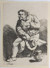 Load image into Gallery viewer, Cornelis Bega. A man sitting on a bench, holding his hat by his side. Etching. 1620-1664.
