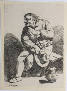 Cornelis Bega. A man sitting on a bench, holding his hat by his side. Etching. 1620-1664.