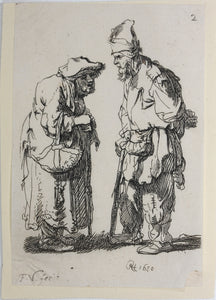 Rembrandt, after. Beggar man and beggar woman conversing. Etching by Francis Vivares. 1724-1780.