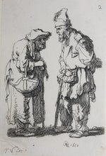 Load image into Gallery viewer, Rembrandt, after. Beggar man and beggar woman conversing. Etching by Francis Vivares. 1724-1780.
