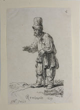 Load image into Gallery viewer, Rembrandt, after. A peasant in a high cap, standing leaning on a stick. Etching by Francis Vivares. 1724-1780.
