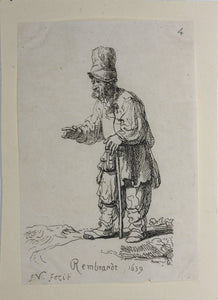 Rembrandt, after. A peasant in a high cap, standing leaning on a stick. Etching by Francis Vivares. 1724-1780.