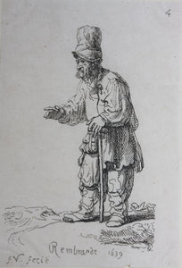 Rembrandt, after. A peasant in a high cap, standing leaning on a stick. Etching by Francis Vivares. 1724-1780.