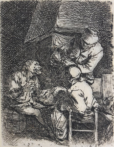 Cornelis Bega. Three peasants grouped around a chimney breast. Etching. 1620-1664.